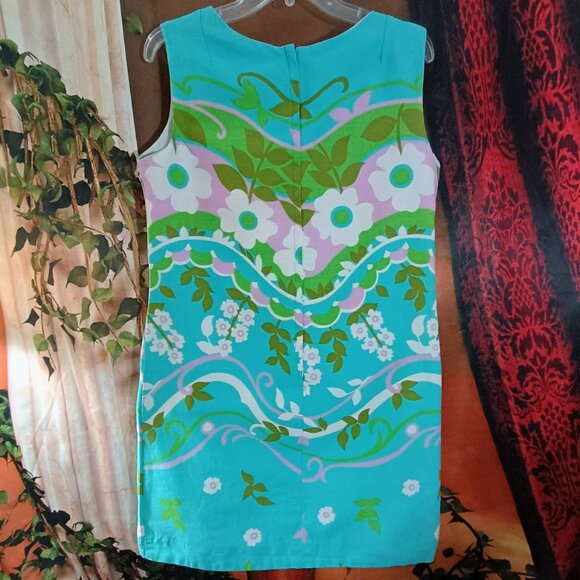 GUC: Vintage 60s Alex Colman Blue Mod Floral Shift Dress Size see desc - Picture 3 of 9